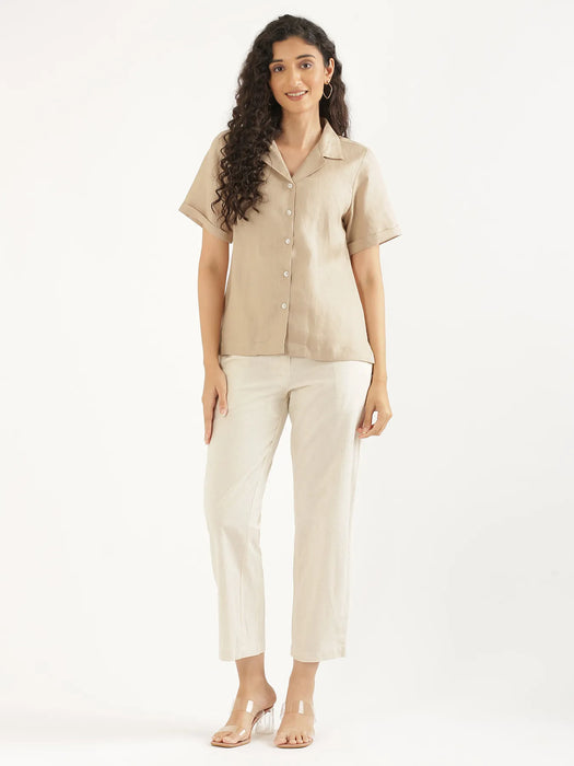 Women Taupe Pure Linen Notch Collar Shirt