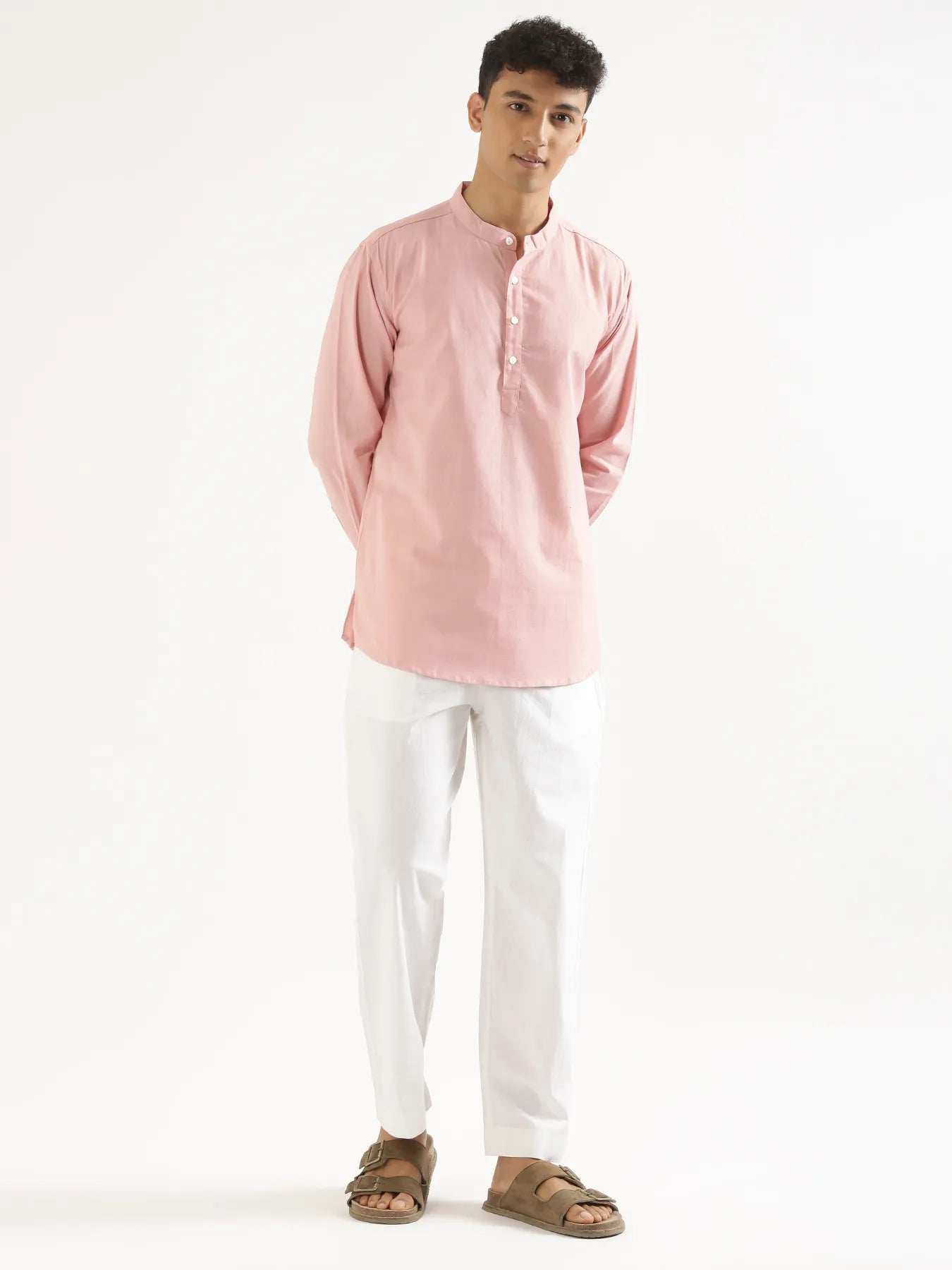 Men Salmon Pink Airy Linen Short Kurta