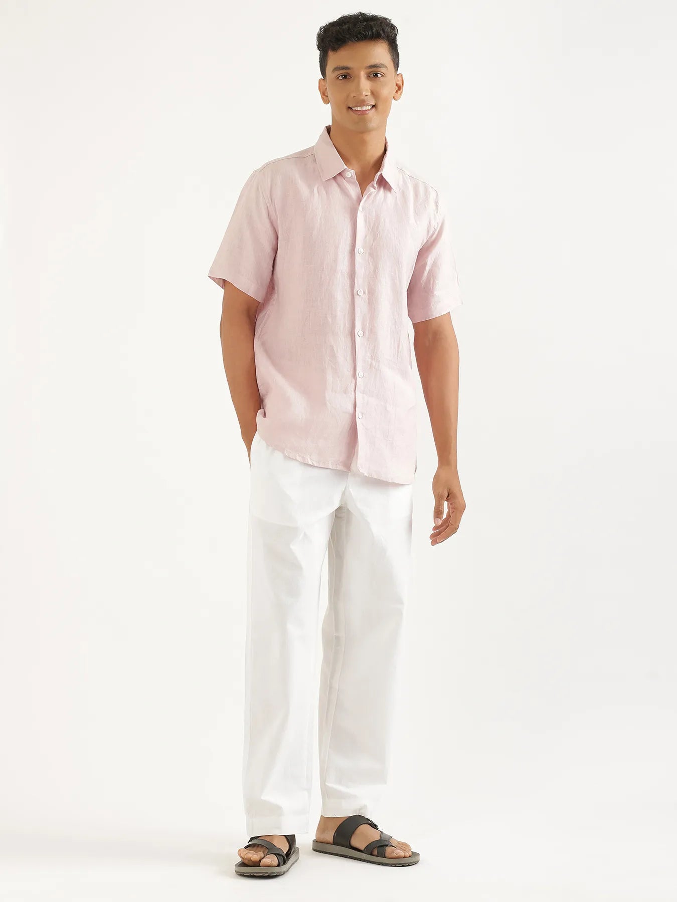 Men Light Pink Pure Linen Short Sleeve Shirt