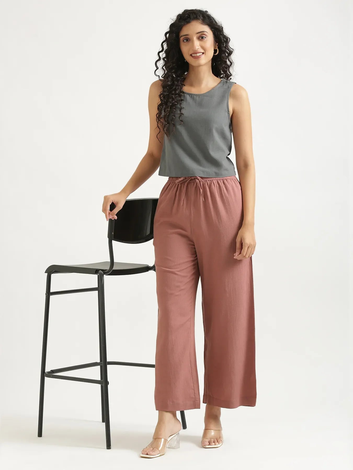 Women Rose Taupe Flowy Linen Wide Leg Pants