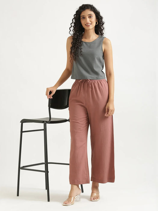 Women Rose Taupe Flowy Linen Wide Leg Pants