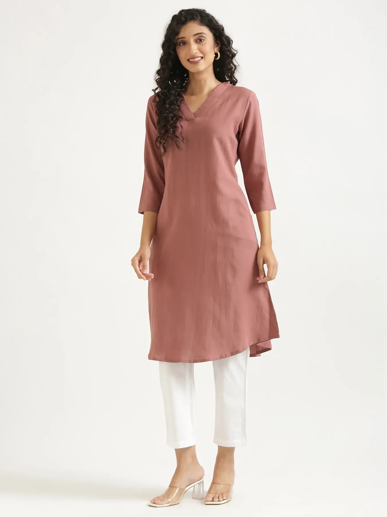 Women Rose Taupe Flowy Linen A-Line Long Kurta
