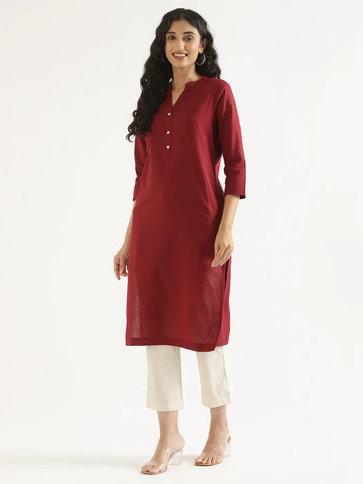 Women Maroon Airy Linen Long Kurta