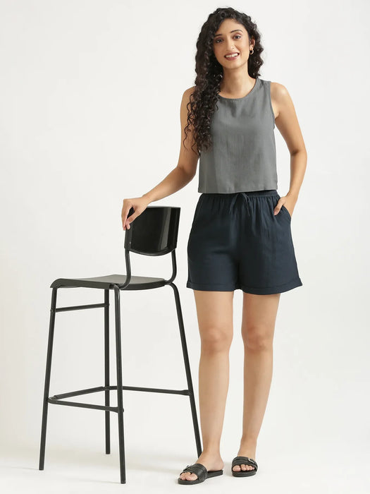 Women Navy Blue Flowy Linen Shorts