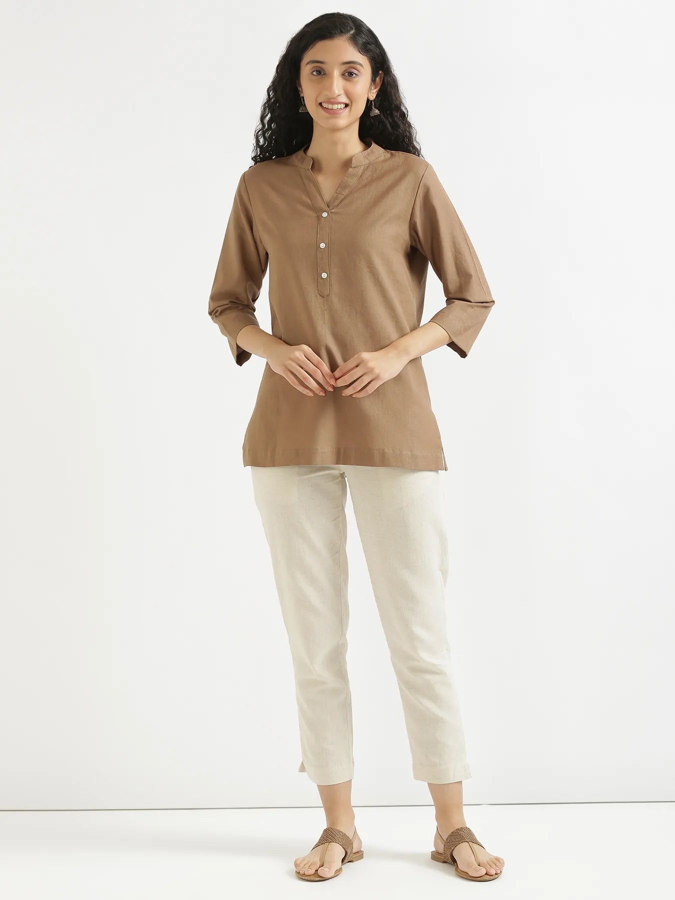 Women Coffee Brown Airy Linen Short Kurta