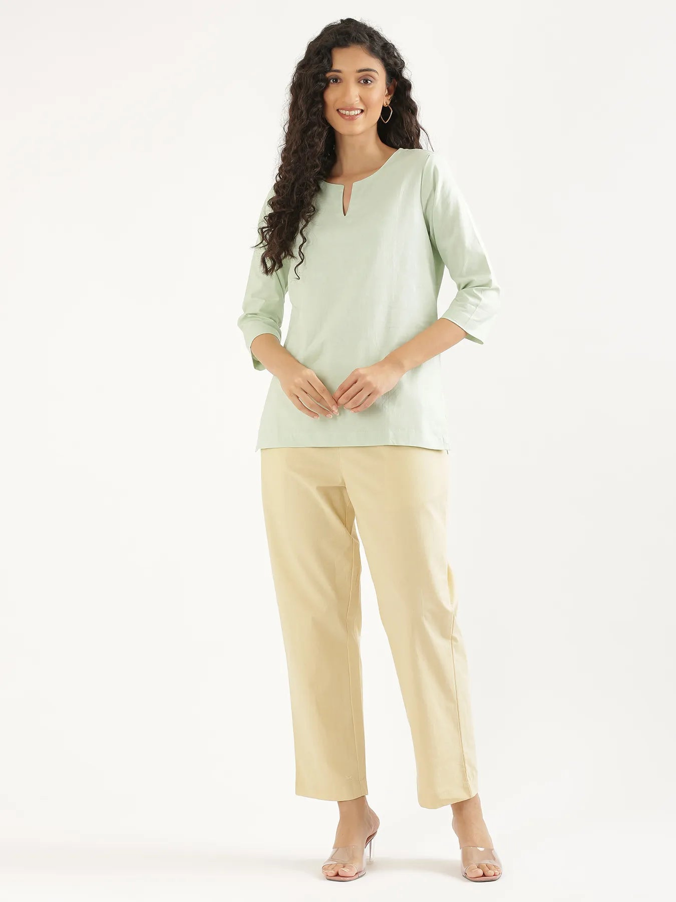 Women Mint Green Airy Linen Split Neck Short Kurta