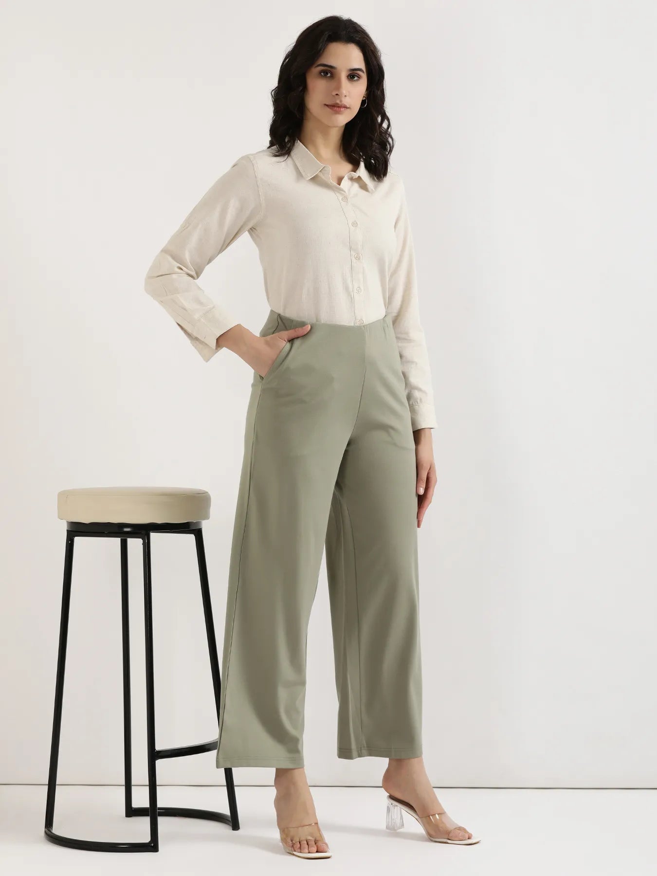 Women Mint Green Wide Leg Pants