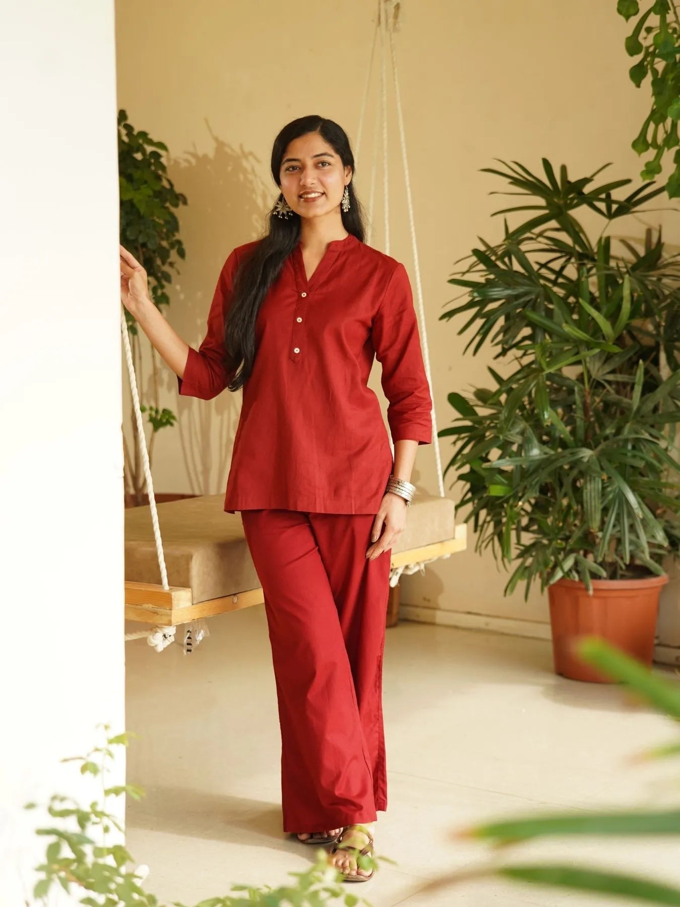 Maroon Airy Linen Short Kurta Co-ord Set