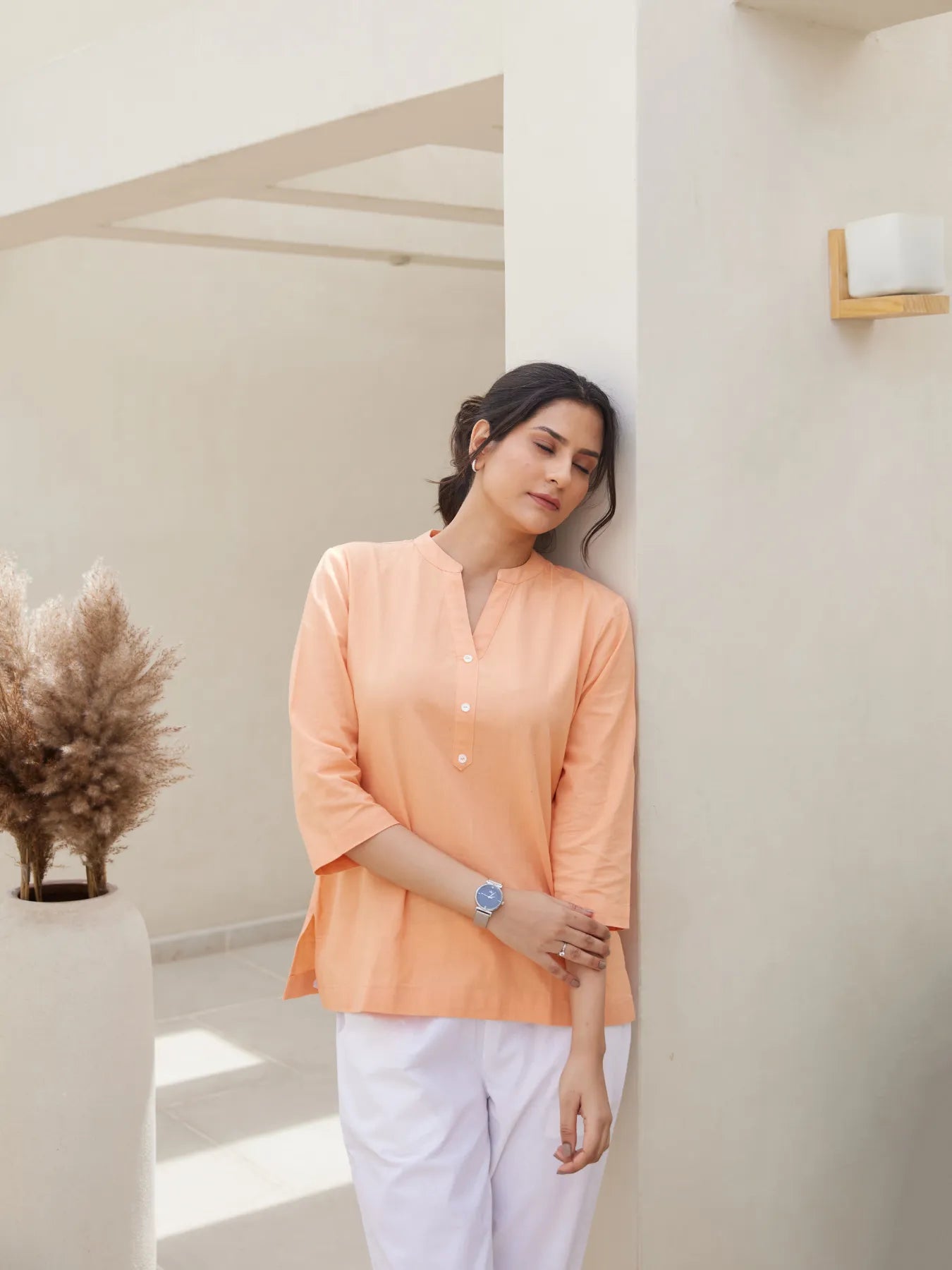 Peach Short Kurta with White Cotton Pant