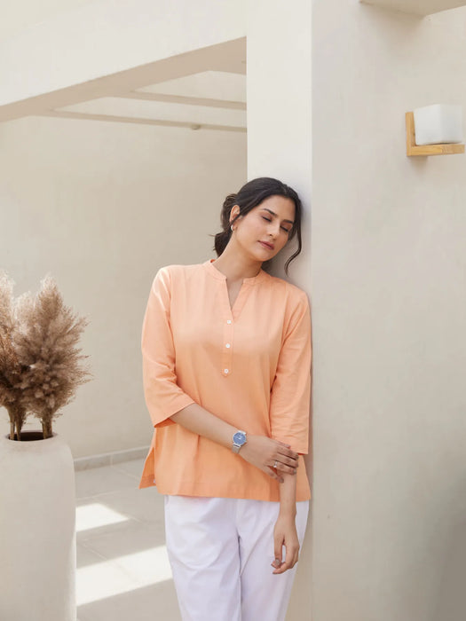 Peach Short Kurta with White Cotton Pant