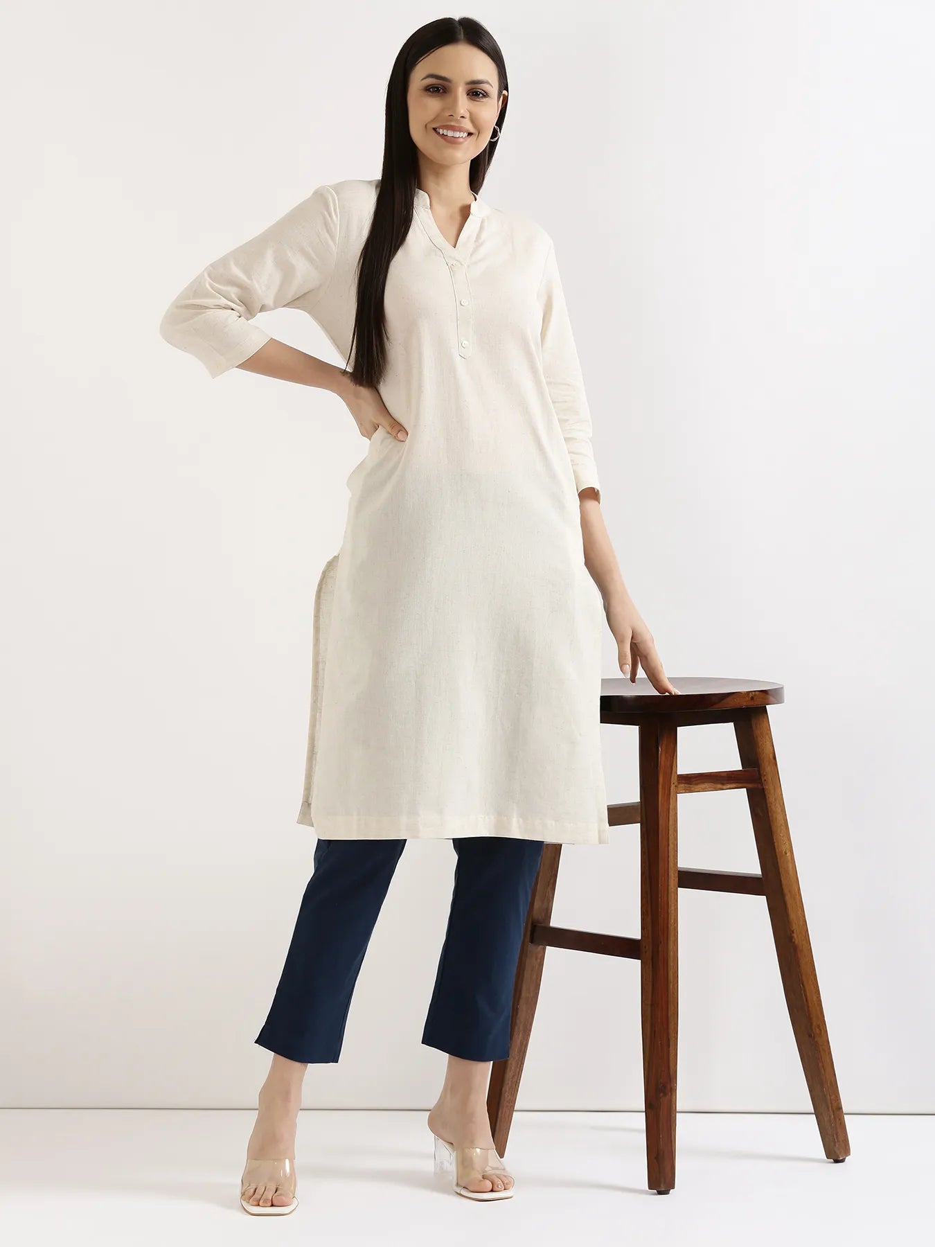 Women Ecru Airy Linen Long Kurta