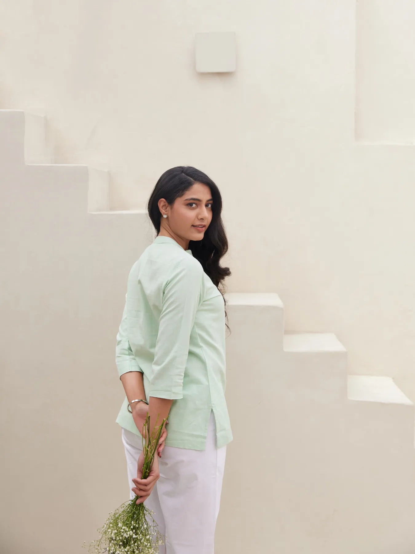 Mint Green Short Kurta with White Cotton Pant