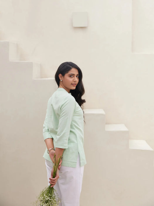 Mint Green Short Kurta with White Cotton Pant