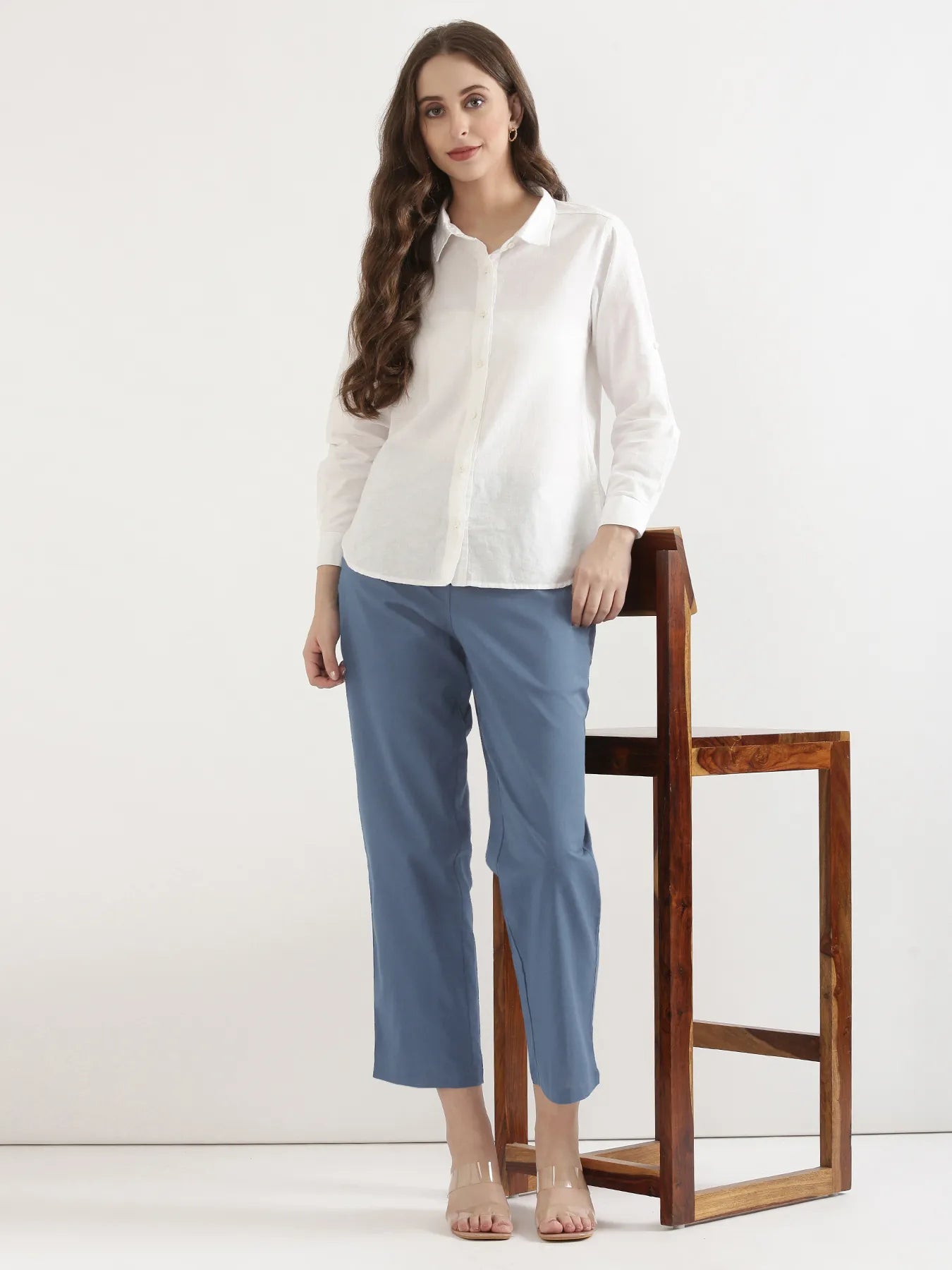 Women English Blue Airy Linen Straight Pants