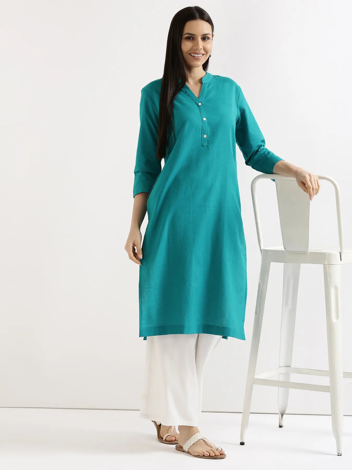 Women Teal Airy Linen Long Kurta