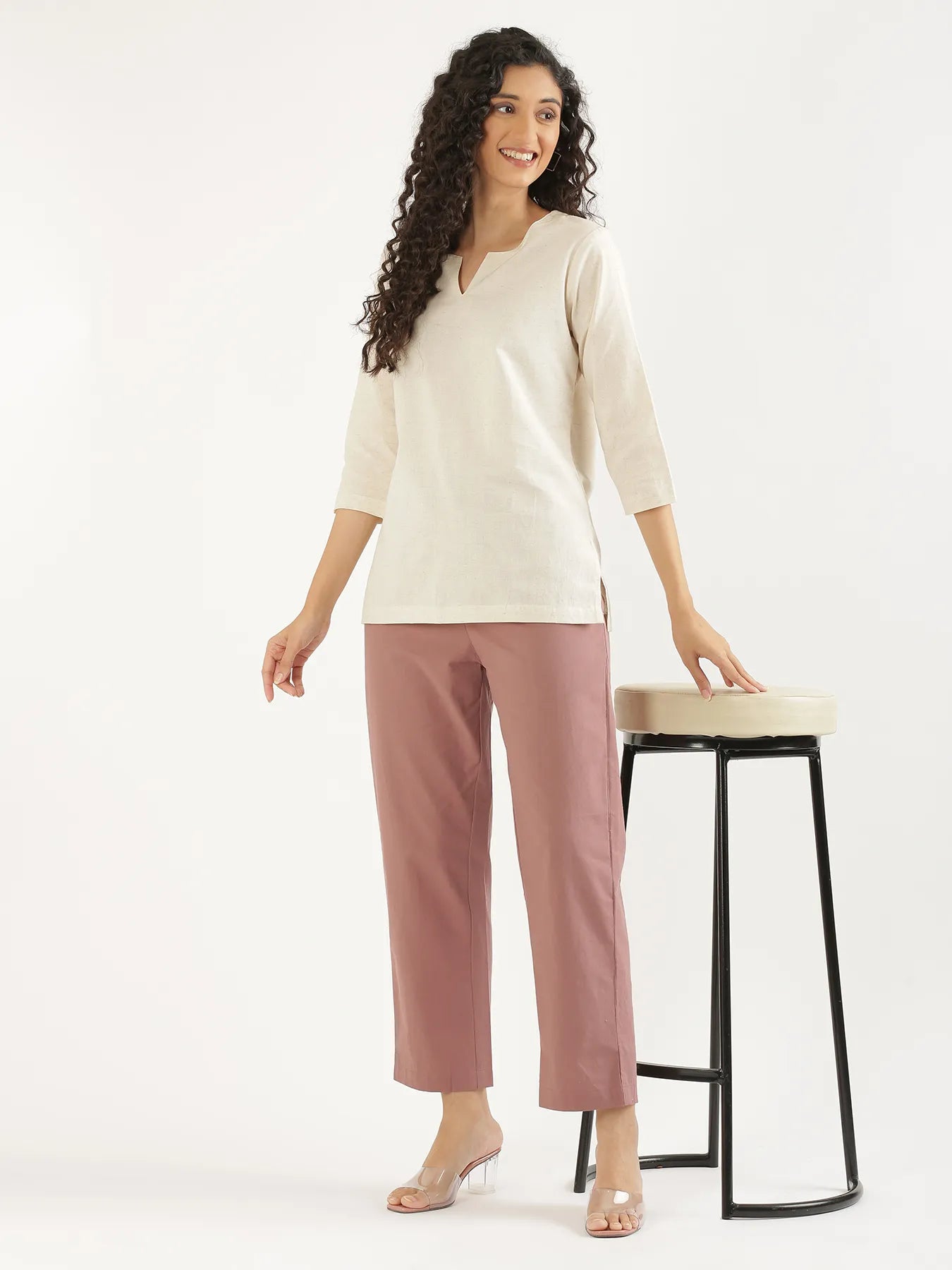 Women Rose Taupe Cotton Straight Pant