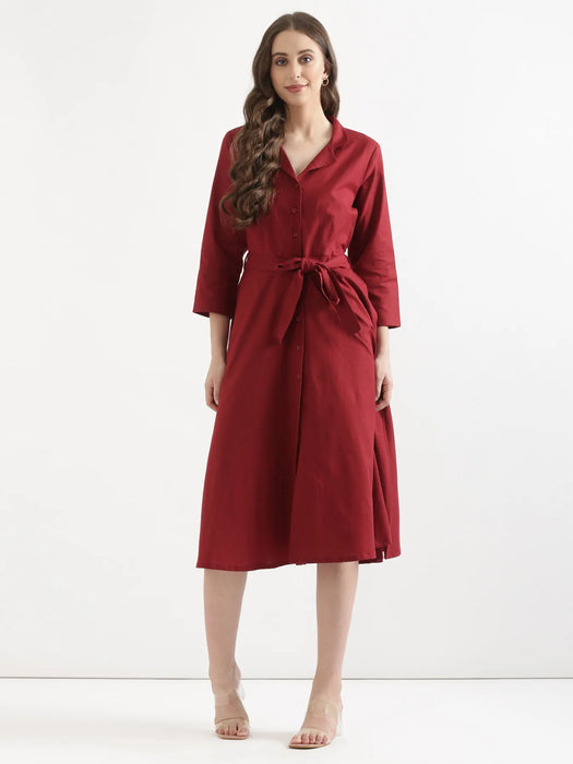 Women Maroon Airy Linen Flared Dress