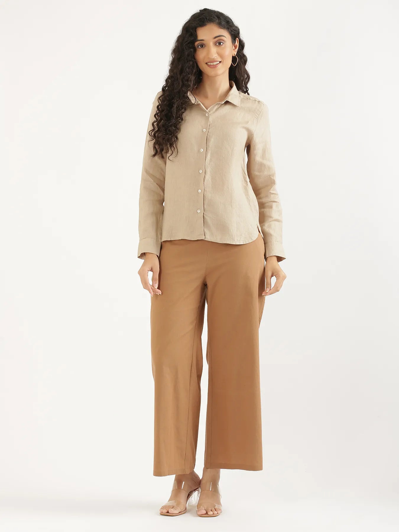 Women Taupe Pure Linen Shirt