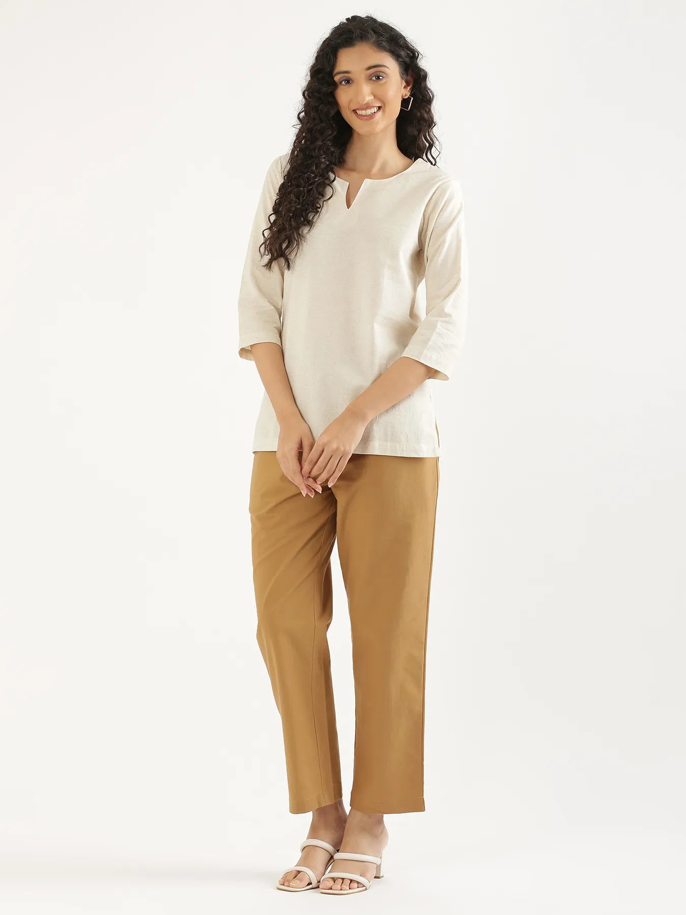 Women Ecru Airy Linen Split Neck Short Kurta