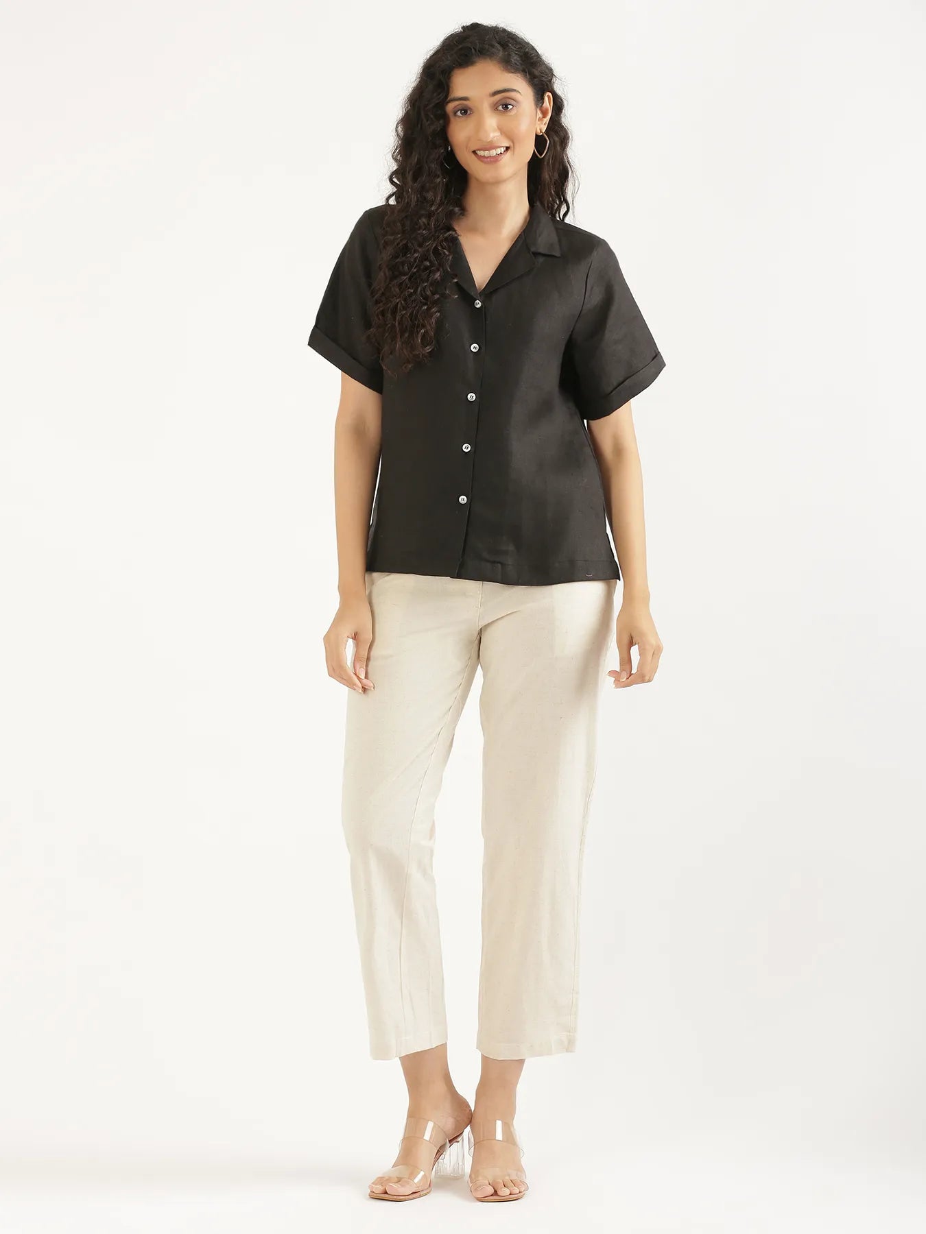 Women Black Pure Linen Notch Collar Shirt
