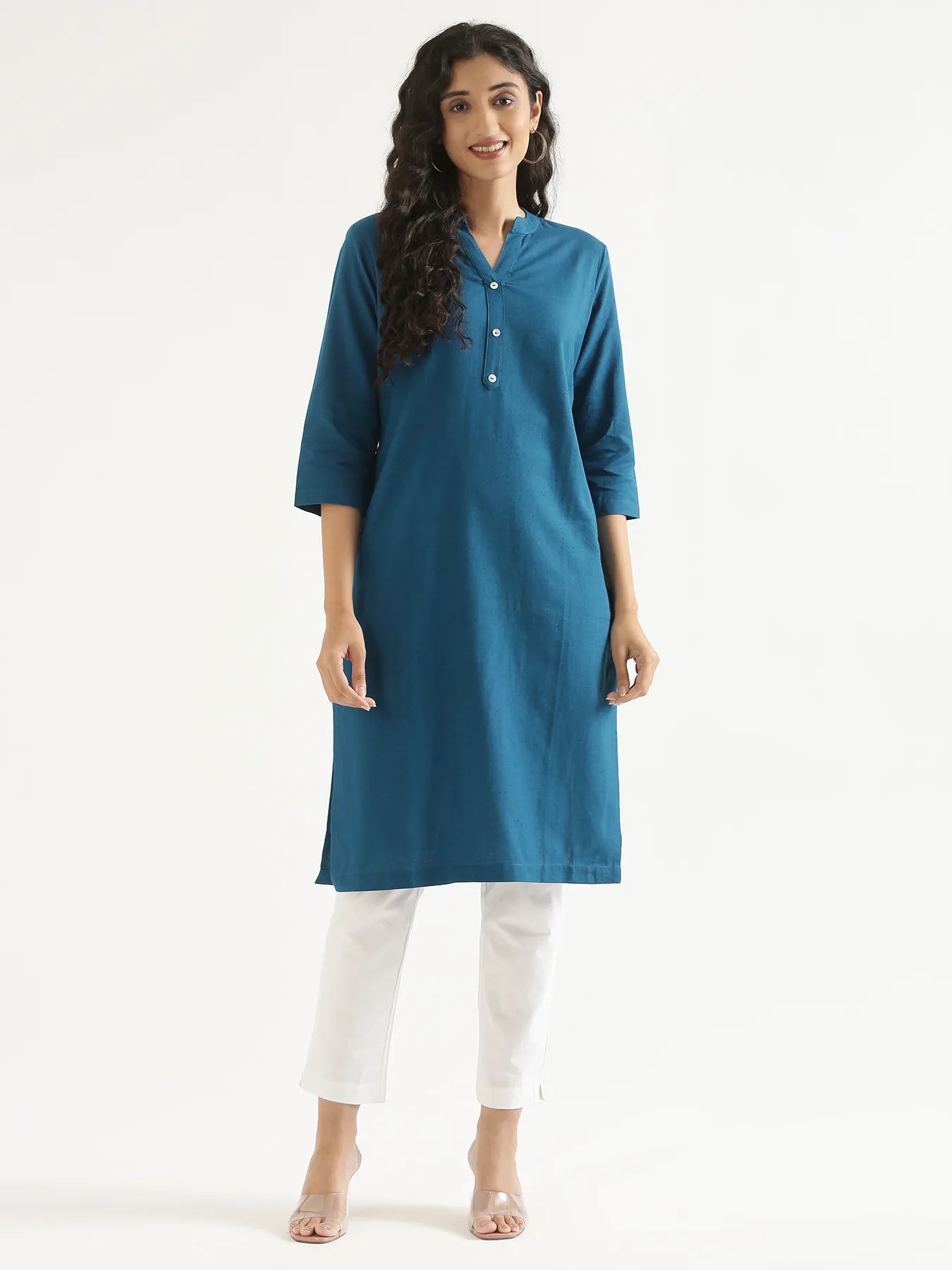 Women Turquoise Airy Linen Long Kurta