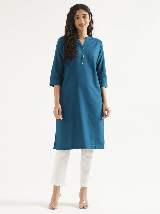 Women Turquoise Airy Linen Long Kurta