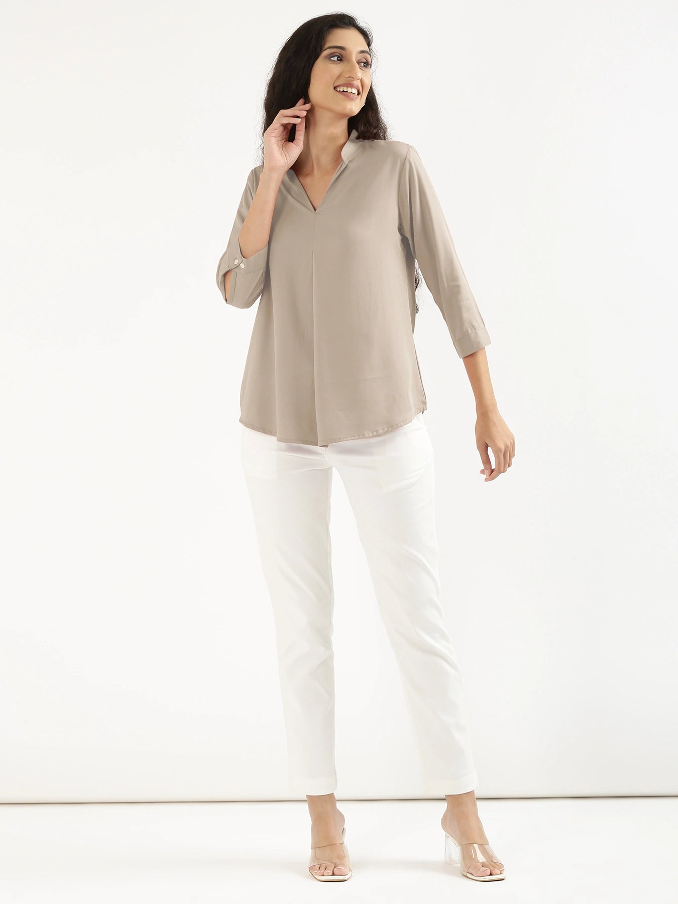 Women Taupe Viscose Pleated Top