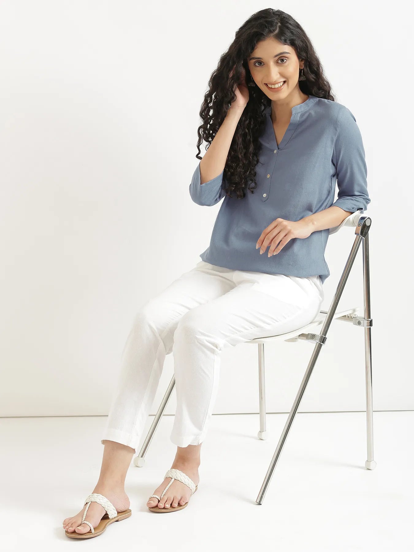 Women English Blue Airy Linen Short Kurta