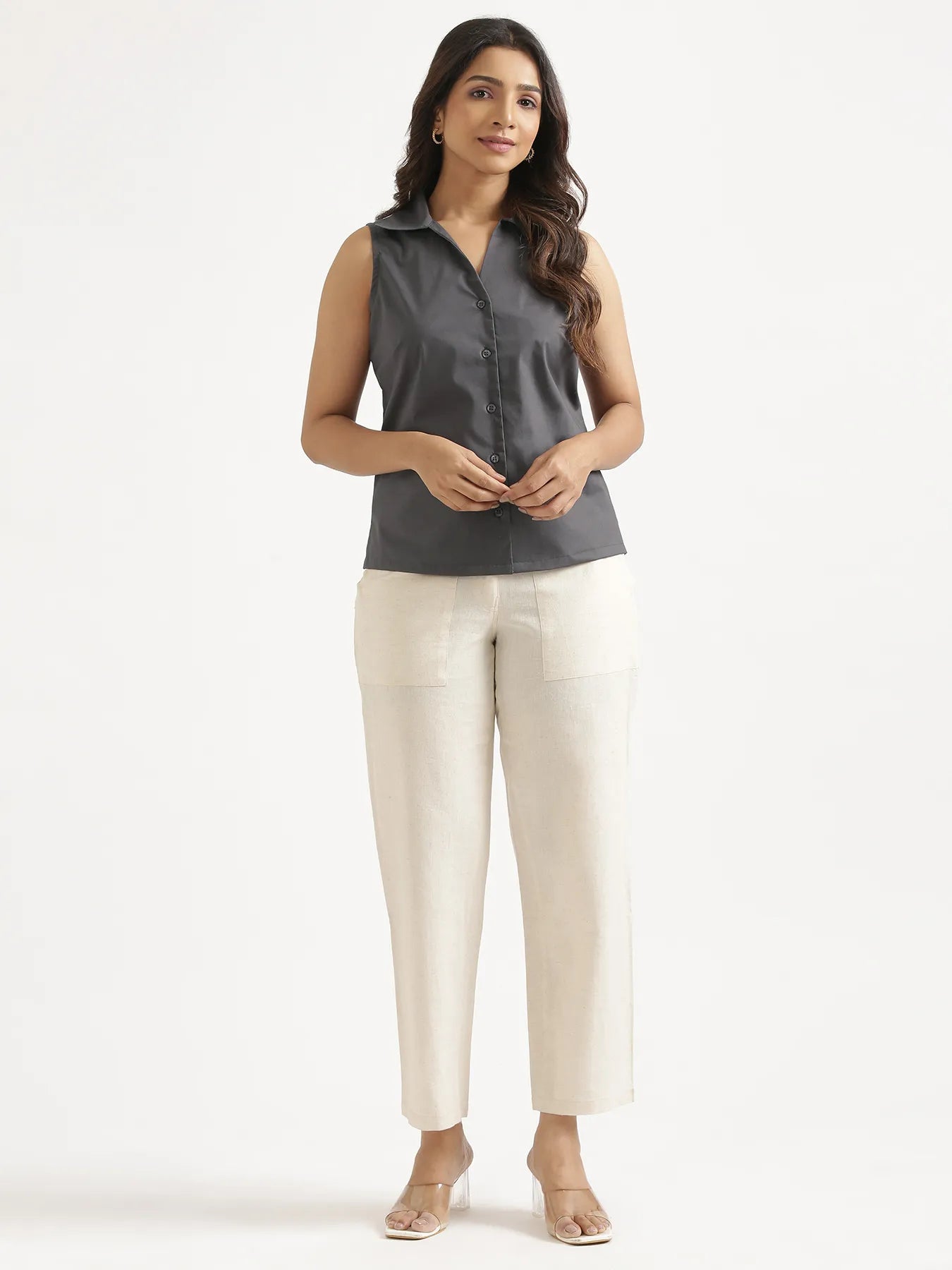 Women Dark Grey Better Cotton Sleeveless Shirt & Ecru Airy Linen Straight Pant