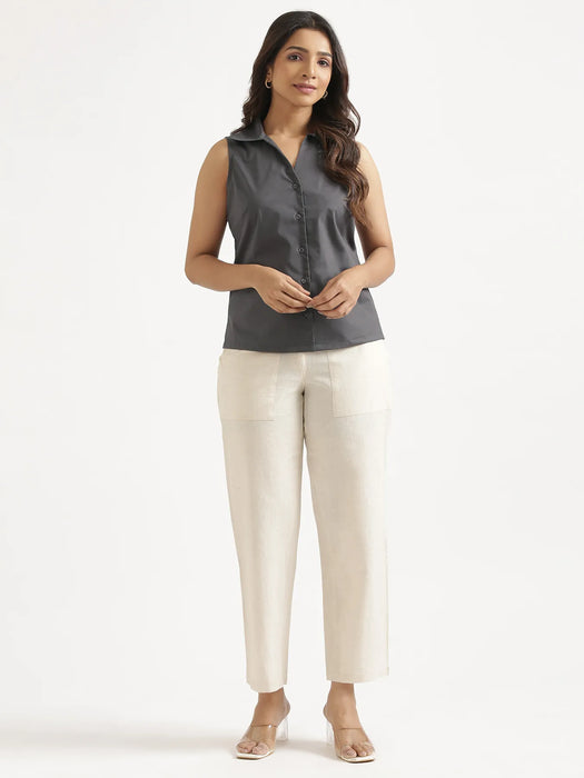 Women Dark Grey Better Cotton Sleeveless Shirt & Ecru Airy Linen Straight Pant