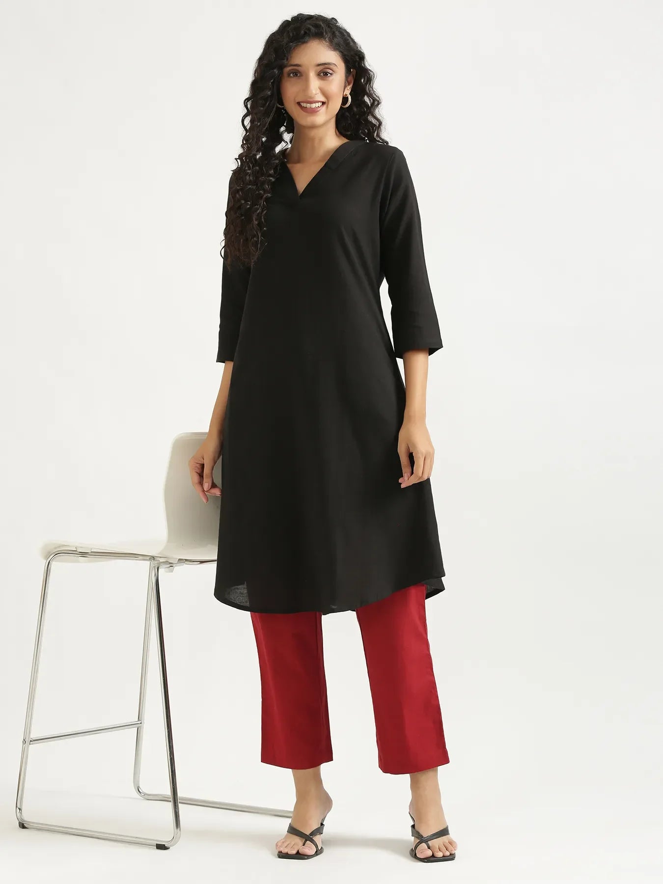 Women Black Flowy Linen A-Line Long Kurta