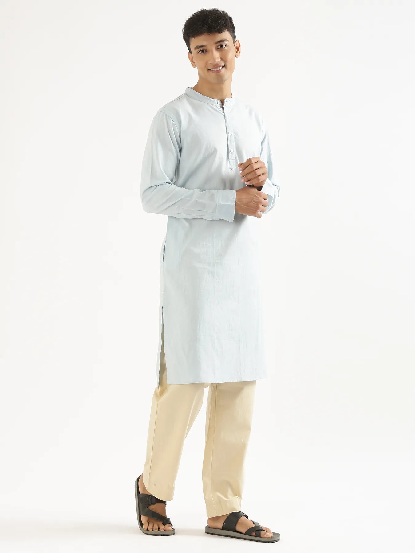 Men Sky Blue Airy Linen Long Kurta