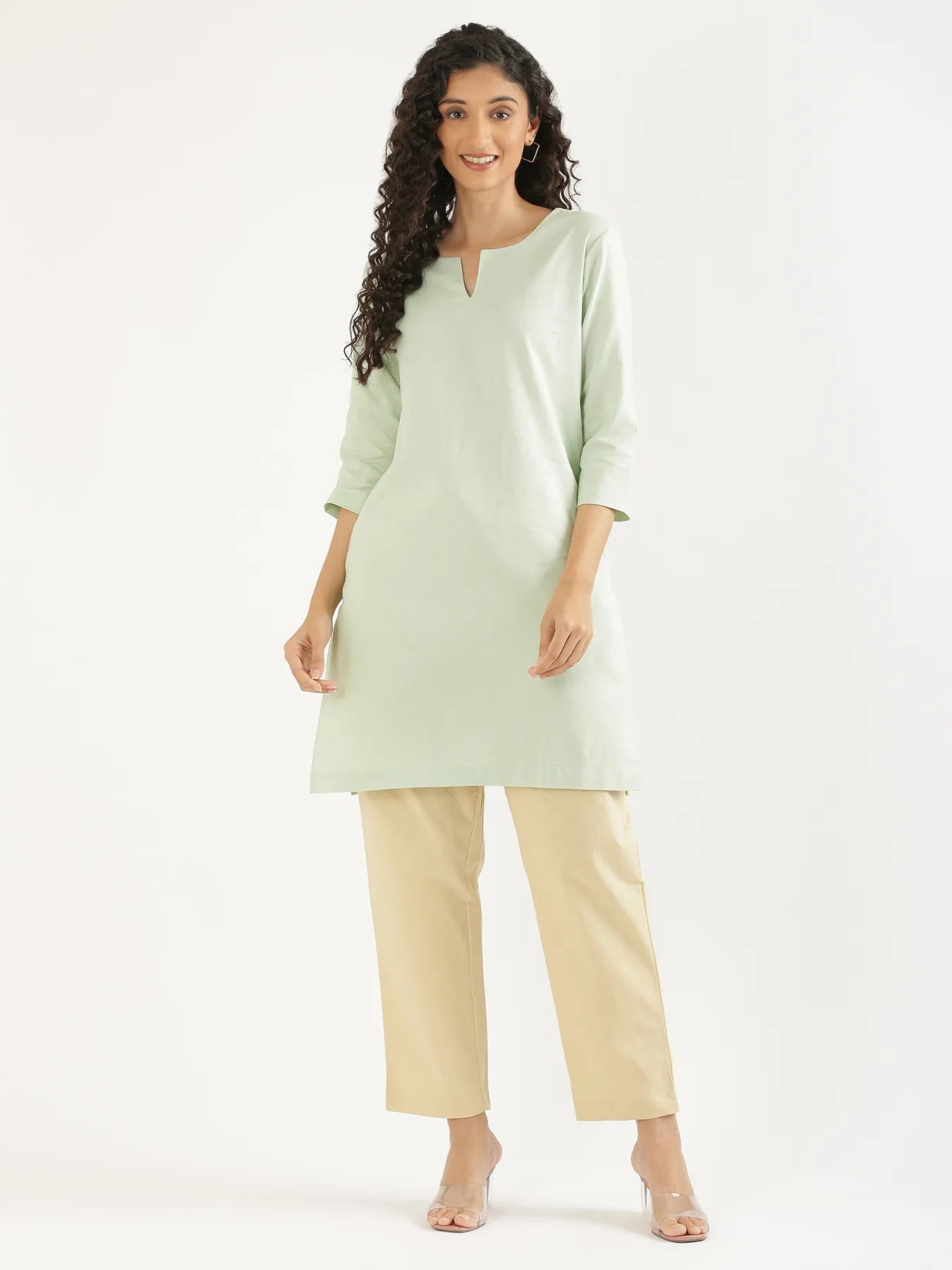 Women Mint Green Airy Linen Mid Thigh Length Kurta