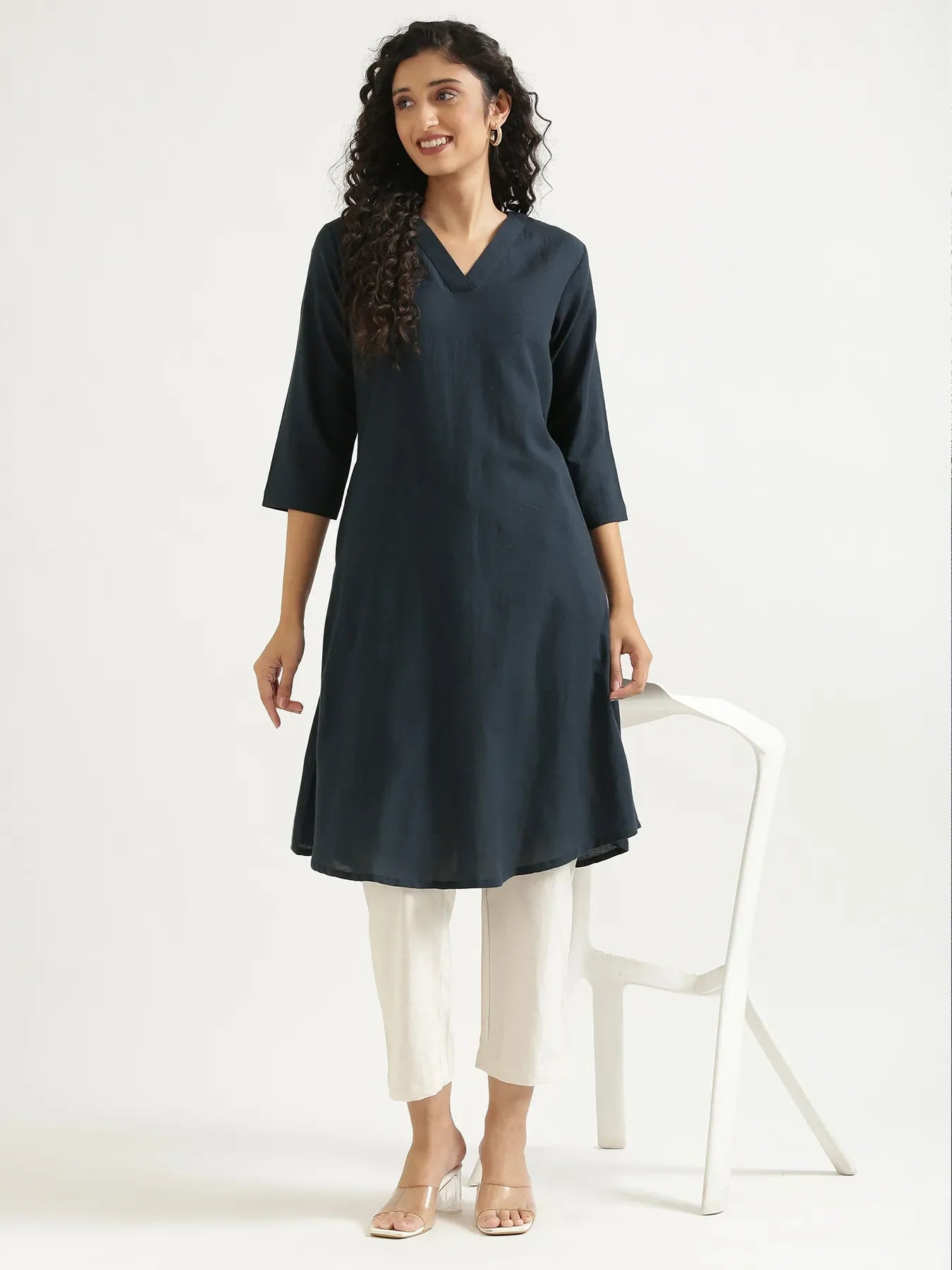 Women Navy Blue Flowy Linen A-Line Long Kurta