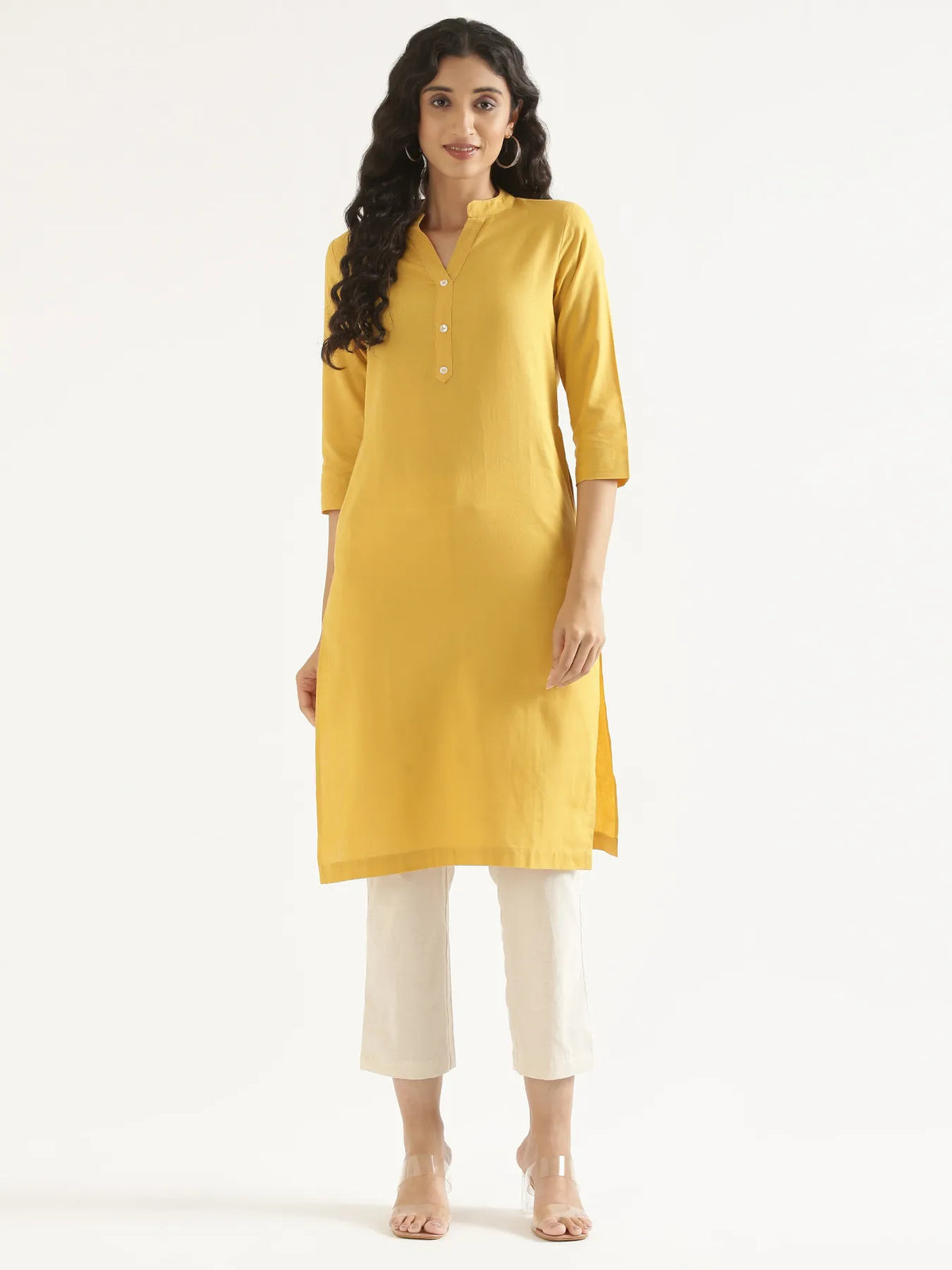 Pick Any 3 Women Airy Linen Long Kurta - Yellow