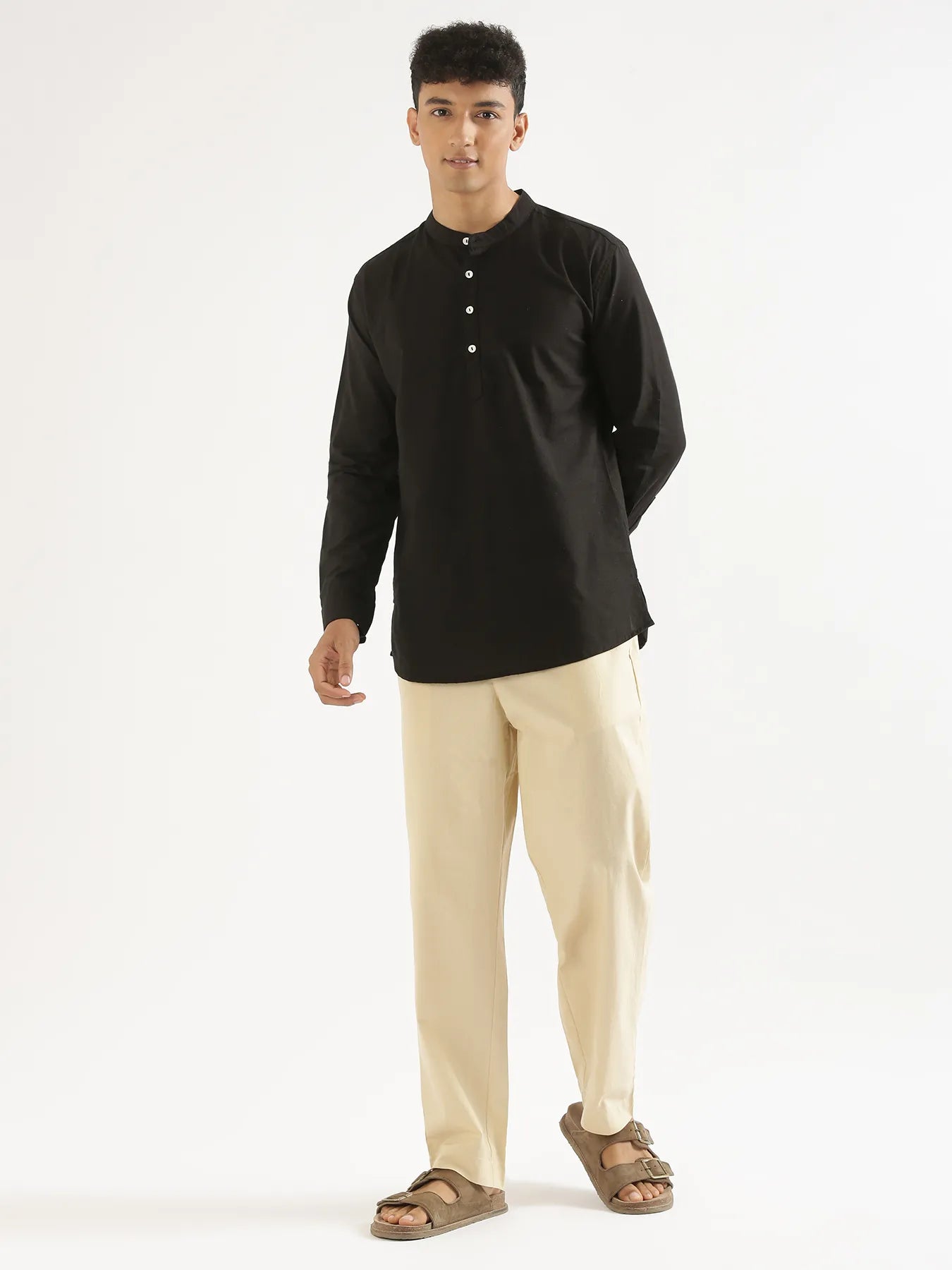 Men Black Airy Linen Short Kurta
