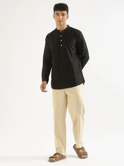 Men Black Airy Linen Short Kurta