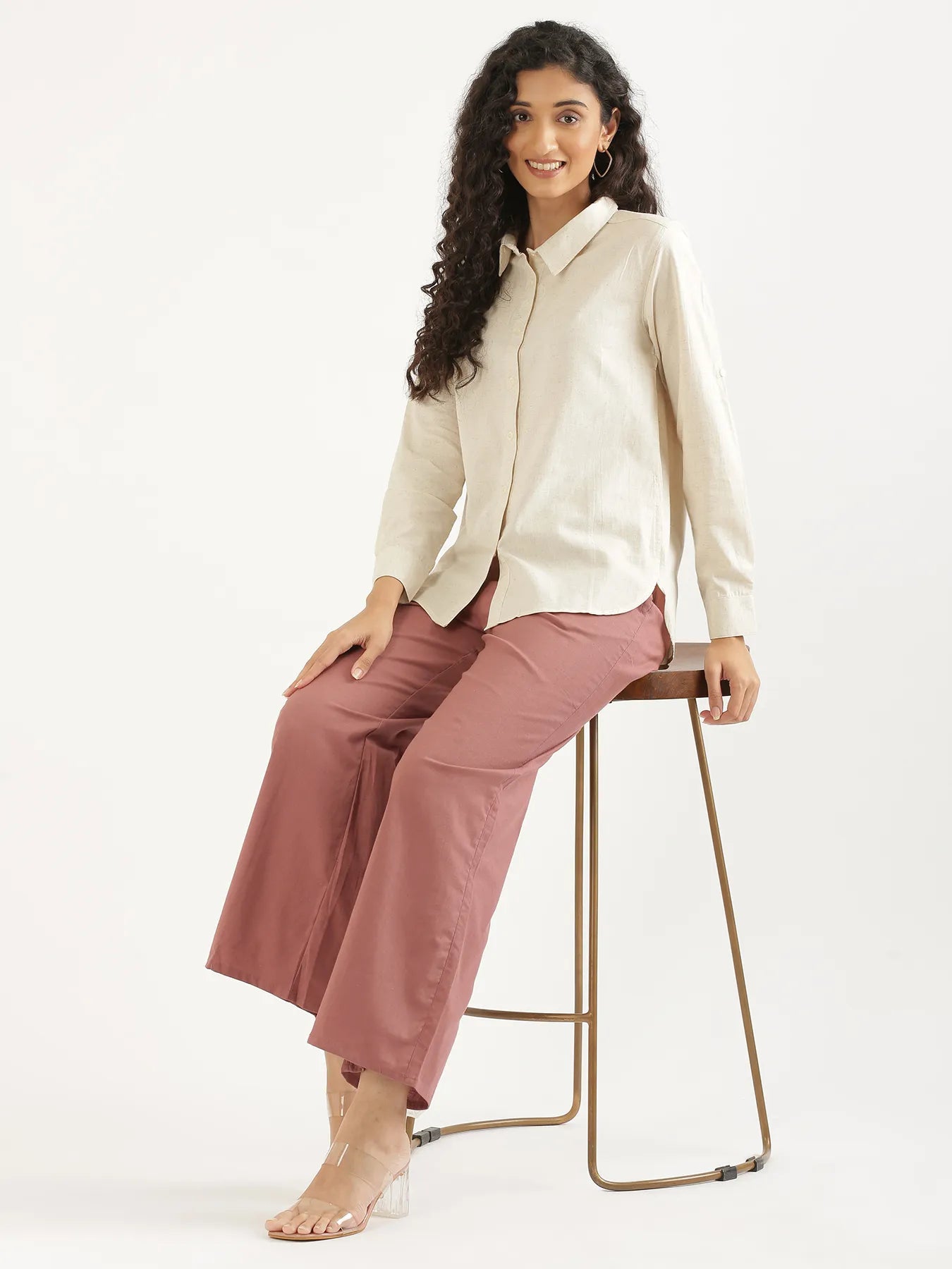 Women  Rose Taupe Airy Linen Wide Leg Pant
