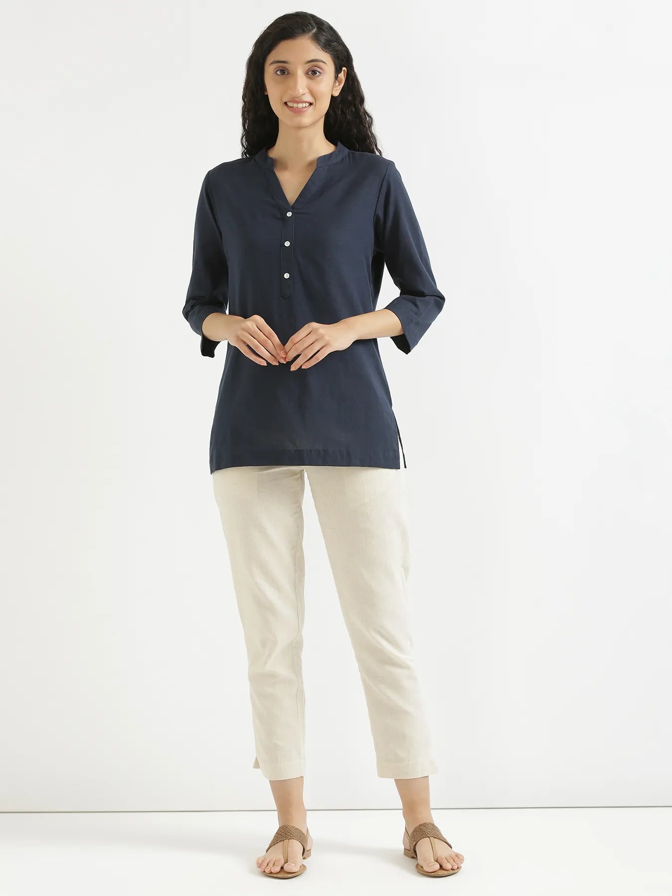 Women Navy Blue Airy Linen Short Kurta