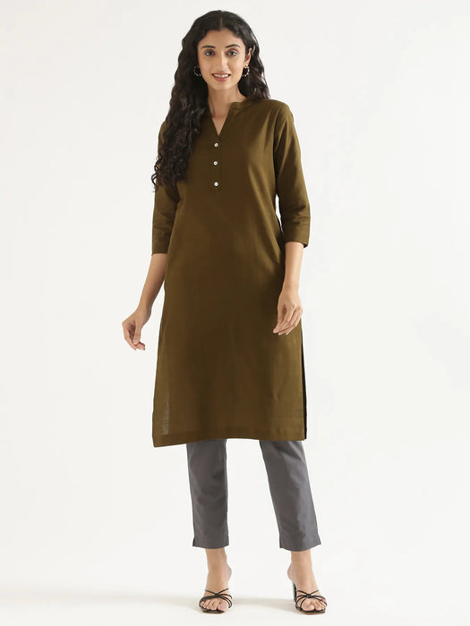 Women Olive Green Airy Linen Long Kurta & Cement Grey Cotton Pant Set