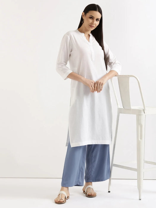 Women White Airy Linen Long Kurta & English Blue Viscose Palazzo Pant Set