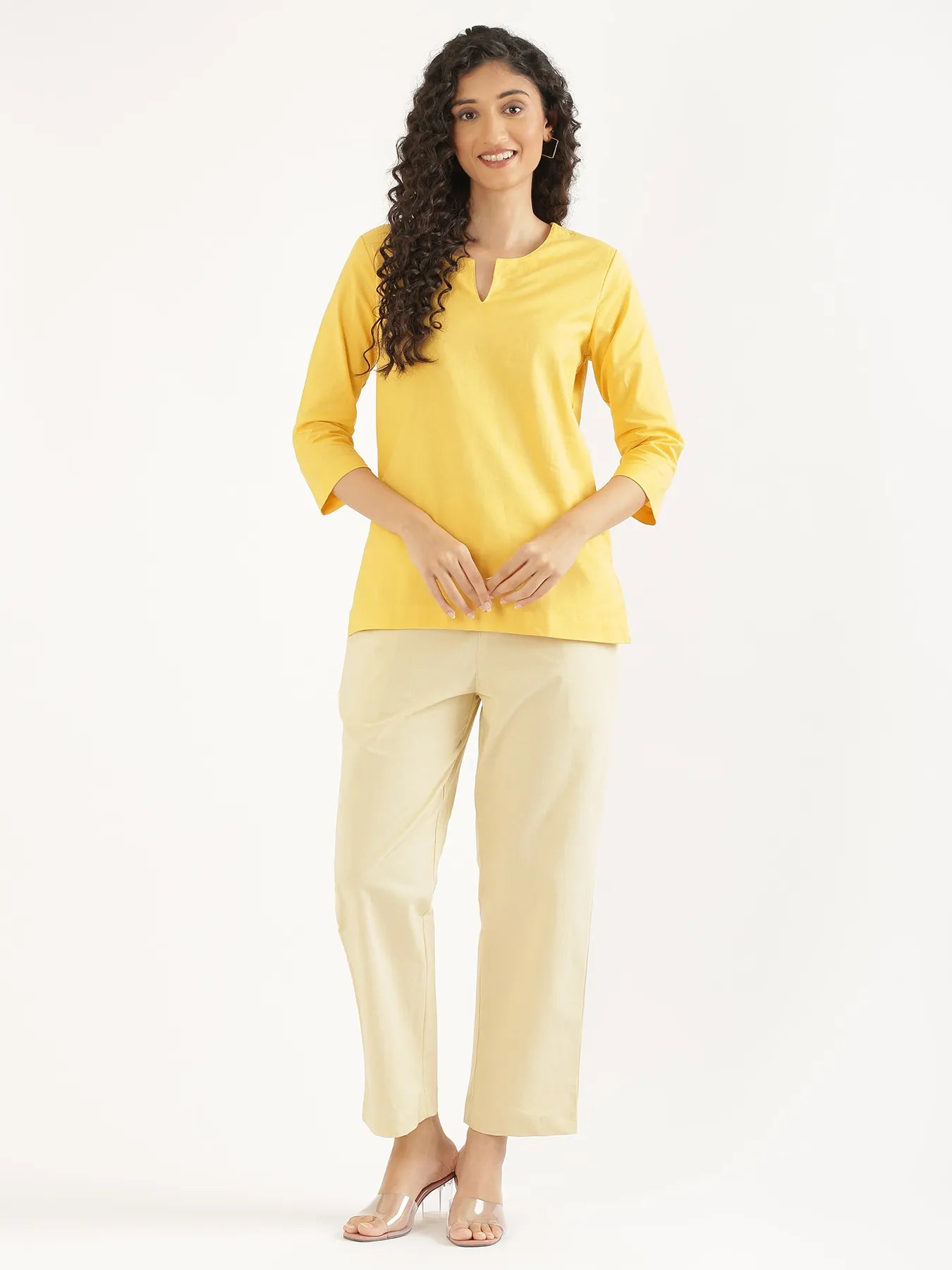 Women Yellow Airy Linen Split Neck Short Kurta