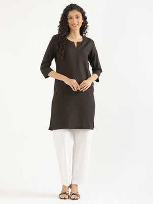 Women Black Airy Linen Mid Thigh Length Kurta