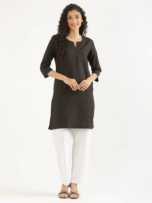 Women Black Airy Linen Mid Thigh Length Kurta