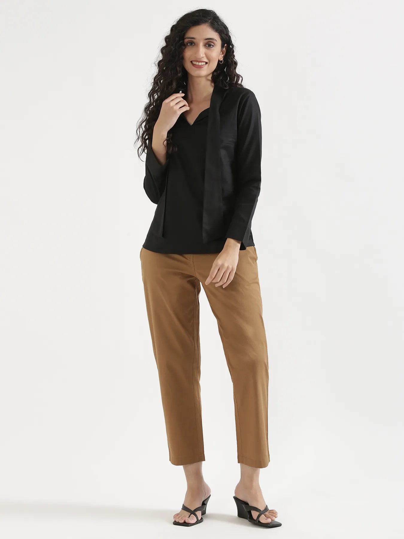 Women Black Linen Blend Knot Blouse