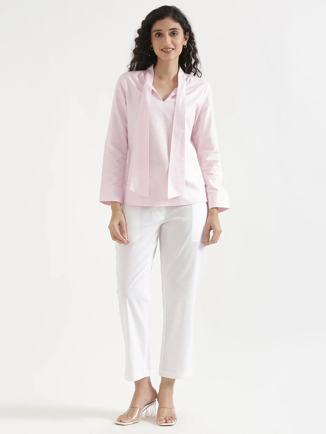 Women Blush Pink Linen Blend Knot Blouse & White Airy Linen Straight Pants Pant Set