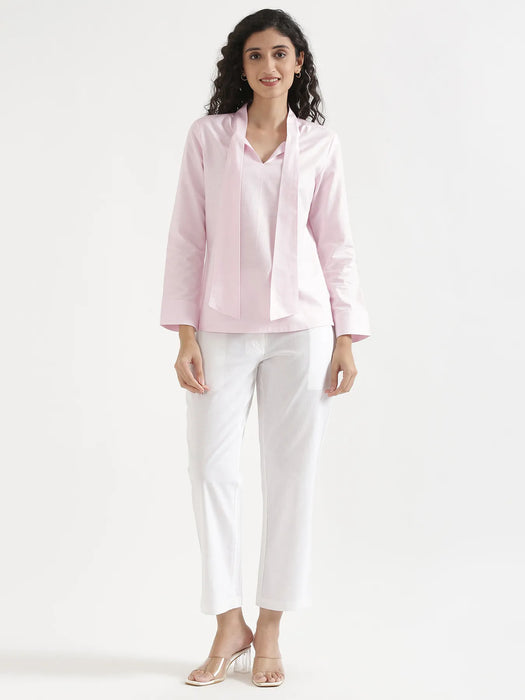 Women Blush Pink Linen Blend Knot Blouse & White Airy Linen Straight Pants Pant Set