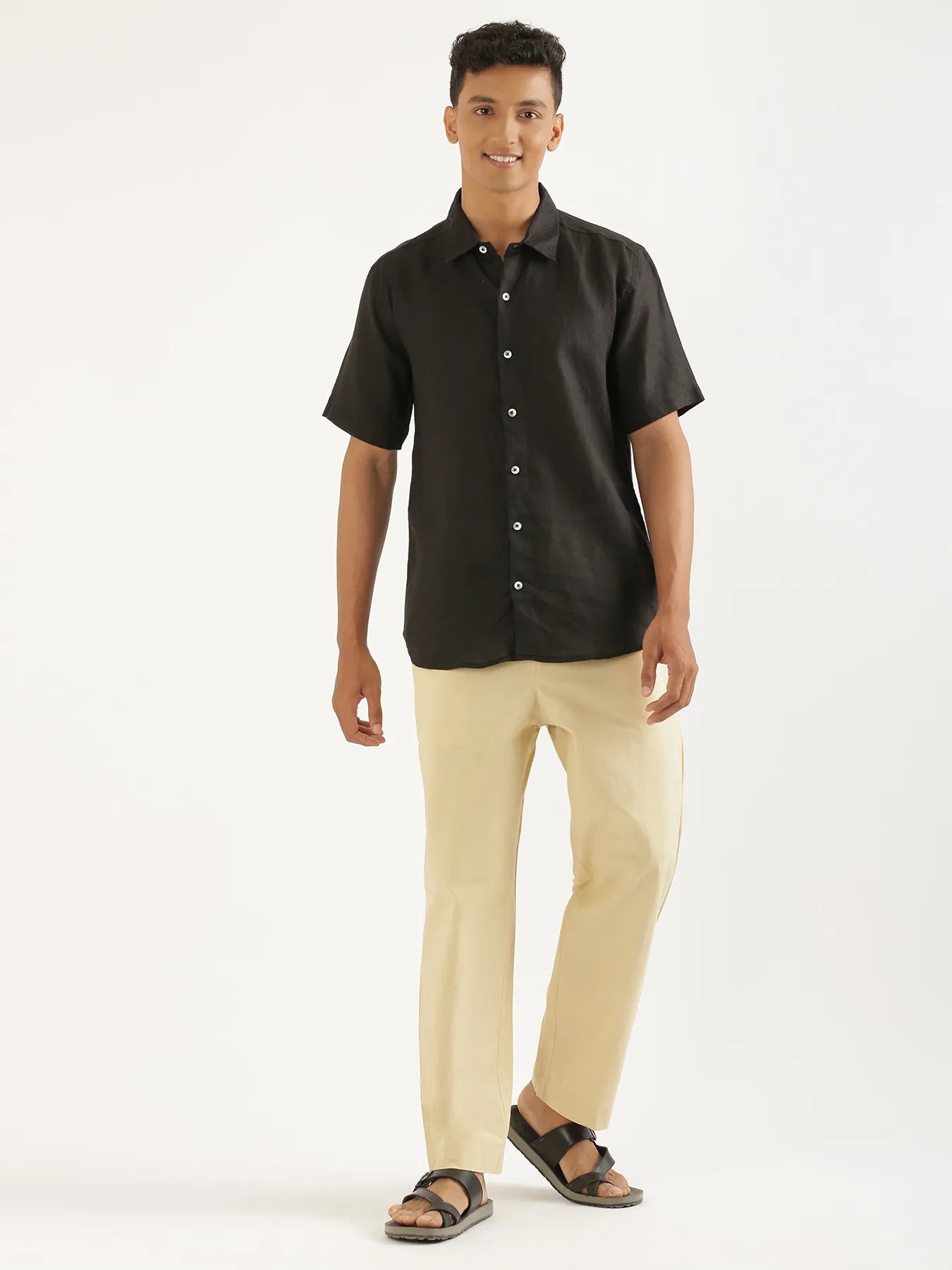 Men Black Pure Linen Short Sleeve Shirt