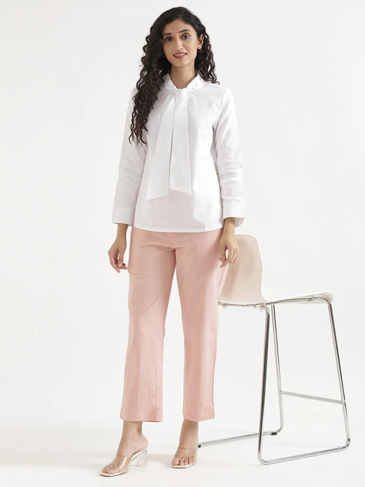 Women White Linen Blend Knot Blouse