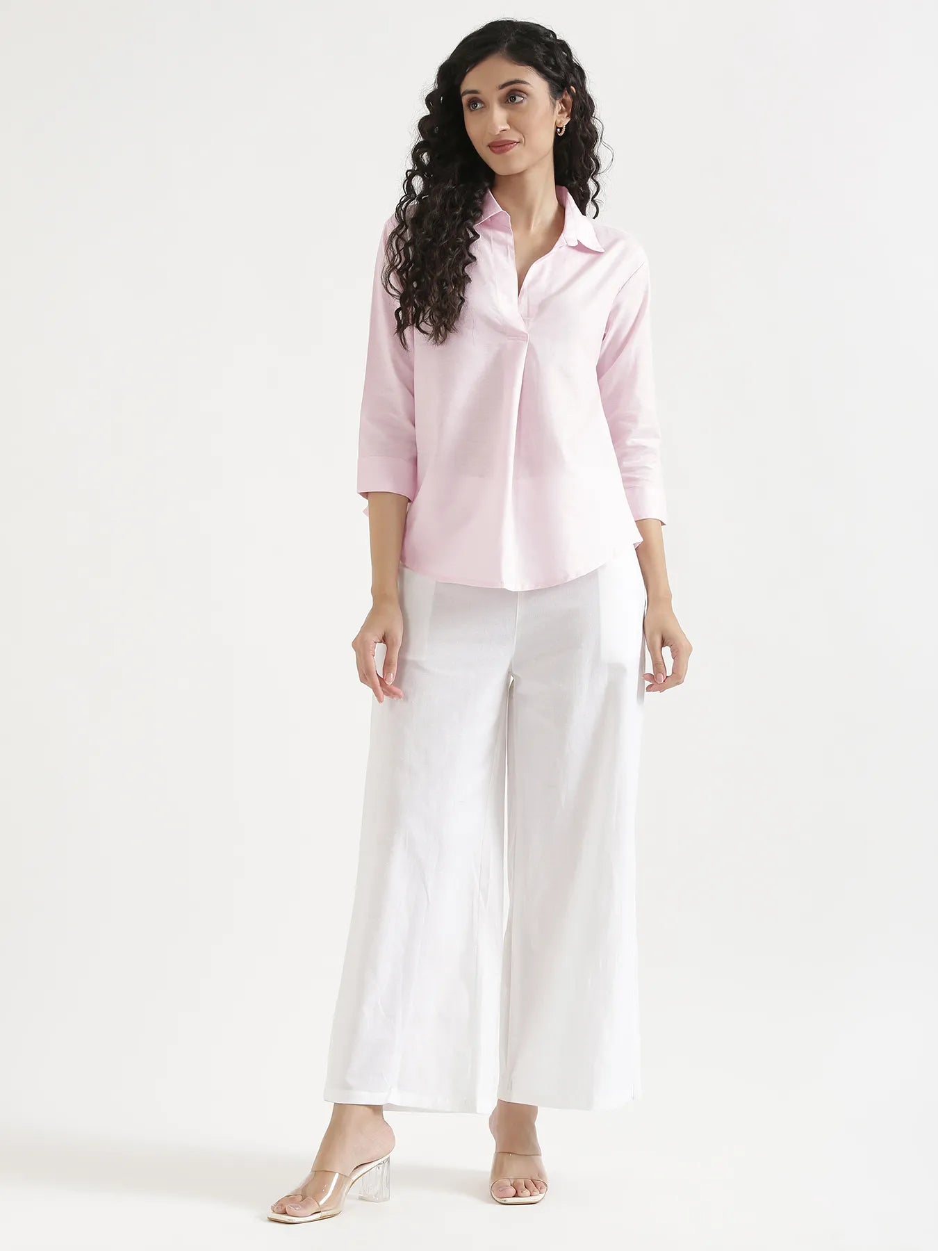 Women Blush Pink Linen Blend Pleated Top & White Airy Linen Wide Leg Pants Pant Set